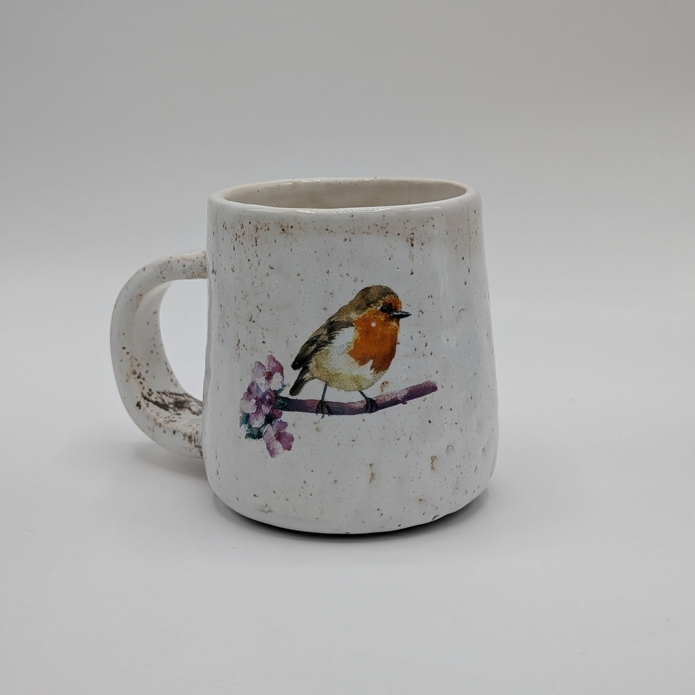 Handmade Mug With with Two Bird Designs On White Glaze 12oz Handmade Pottery